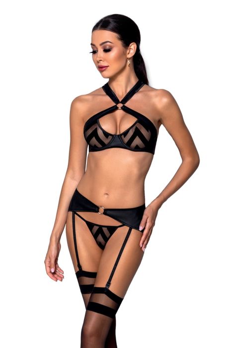 Passion-Exklusiv Hima – 3-teiliges Dessous-Set in Lederoptik mit Netz in Schwarz Passion-Exklusiv Hima – 3-teiliges Dessous-Set in Lederoptik mit Netz in Schwarz