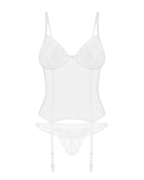 Obsessive Alissium – Transparente Corsage mit Strapsen und String in Weiß