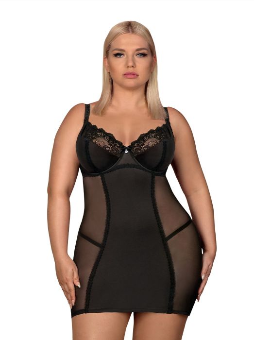 Obsessive Size Plus Amallie – Chemise mit String und Bügel-Cups in Schwarz Obsessive Size Plus Amallie – Chemise mit String und Bügel-Cups in Schwarz