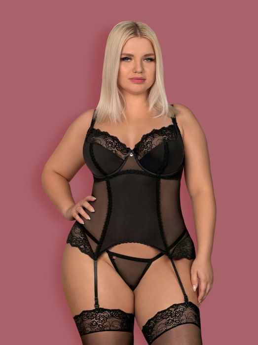 Obsessive Size Plus Amallie – Strapscorsage mit String und Schnürung in Schwarz