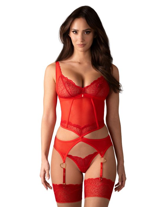 Obsessive Cupide Desir – Mesh-Corsage mit Strapsen und String in Rot Obsessive Cupide Desir – Mesh-Corsage mit Strapsen und String in Rot
