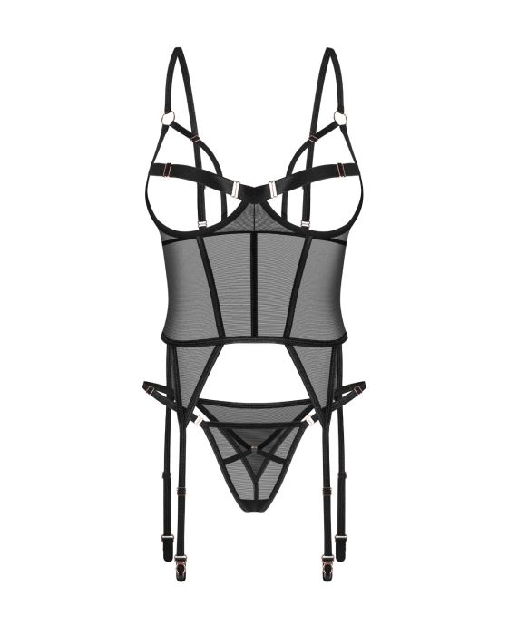 Obsessive Euridia – Mesh-Corsage mit offenen Cups & String in Schwarz Obsessive Euridia – Mesh-Corsage mit offenen Cups & String in Schwarz