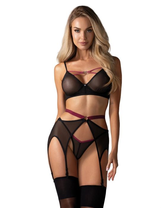 Obsessive Novenes – 3-teiliges Dessous-Set mit Strapsgürtel und lila Riemchen in Schwarz Obsessive Novenes – 3-teiliges Dessous-Set mit Strapsgürtel und lila Riemchen in Schwarz