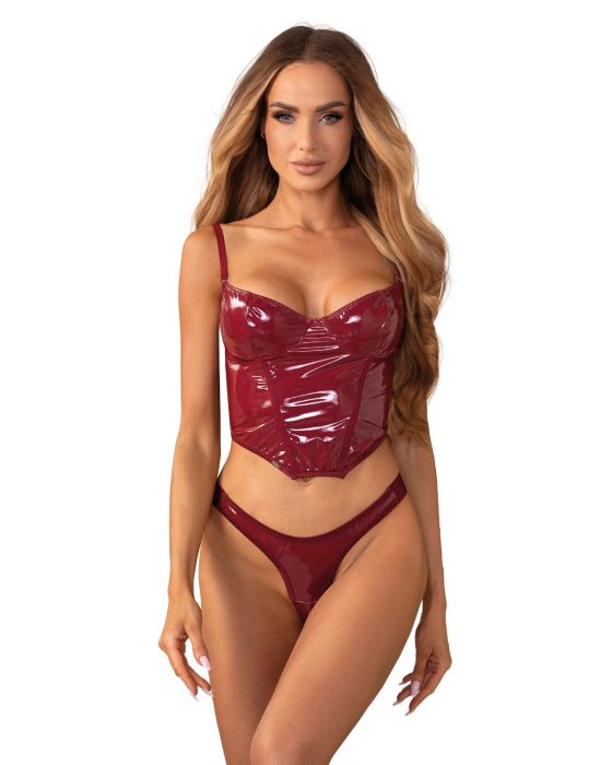 Obsessive Redya – glänzende Corsage mit Rückenschnürung und String in Rot Obsessive Redya – glänzende Corsage mit Rückenschnürung und String in Rot