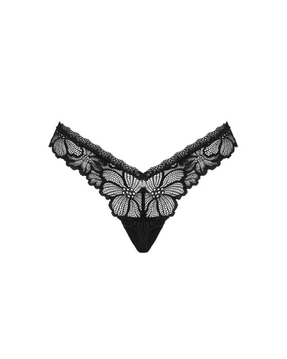 Obsessive Serafia – Spitzenslip mit Blumenmuster und Anhänger in Schwarz Obsessive Serafia – Spitzenslip mit Blumenmuster und Anhänger in Schwarz