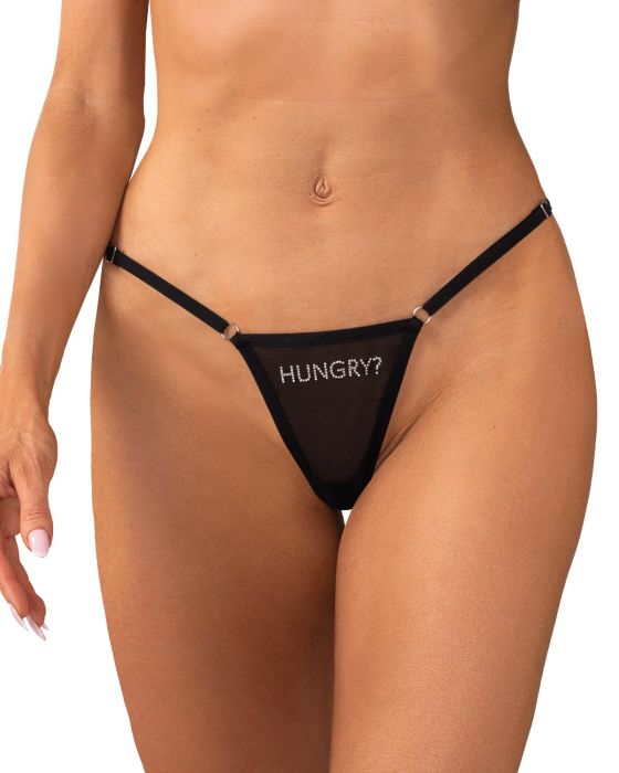 Obsessive Violami Hungry – Transparenter Mesh-String mit Strass-Schriftzug in Schwarz Obsessive Violami Hungry – Transparenter Mesh-String mit Strass-Schriftzug in Schwarz