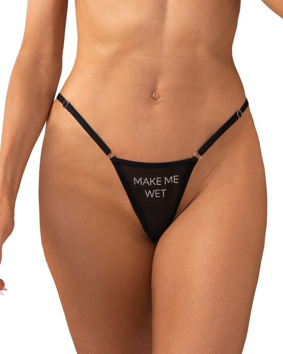 Obsessive Violami Wet – Schwarzer String mit Strass-Botschaft und Mesh Obsessive Violami Wet – Schwarzer String mit Strass-Botschaft und Mesh
