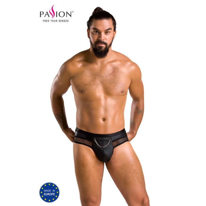 Passion MEN Herren-Jockstrap in Lederoptik mit Mesh und Metallkette, Schwarz Passion MEN Herren-Jockstrap in Lederoptik mit Mesh und Metallkette, Schwarz