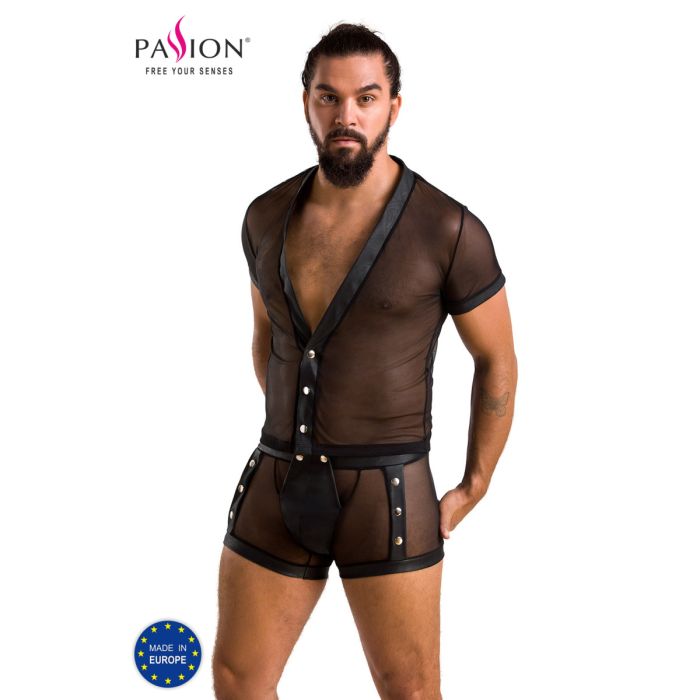 Passion MEN Herren-Set aus Tüll und Lederoptik – T-Shirt und Boxershorts in Schwarz Passion MEN Herren-Set aus Tüll und Lederoptik – T-Shirt und Boxershorts in Schwarz