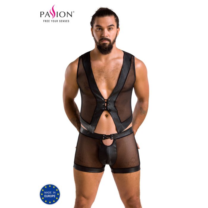 Passion MEN Herren-Set im Wetlook – Crop-Top und String mit Mesh-Einsätzen, Schwarz Passion MEN Herren-Set im Wetlook – Crop-Top und String mit Mesh-Einsätzen, Schwarz