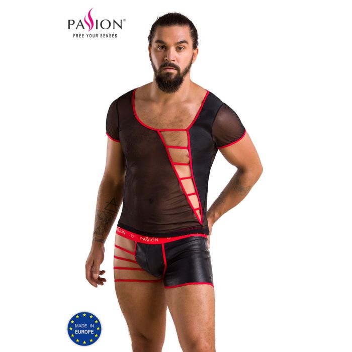 Passion MEN asymmetrisches Herren-Set – T-Shirt und Boxershorts aus Tüll und Lederoptik Passion MEN asymmetrisches Herren-Set – T-Shirt und Boxershorts aus Tüll und Lederoptik