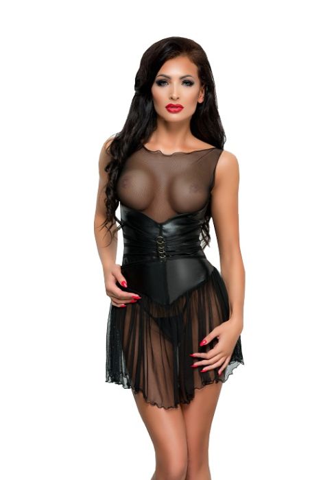 MeSeduce Xymena Kleid aus Tüll und Lederoptik mit Riemchen in Schwarz MeSeduce Xymena Kleid aus Tüll und Lederoptik mit Riemchen in Schwarz