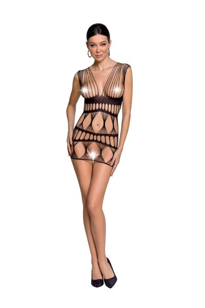 PE BS089 – Schwarzes Minikleid aus elastischem Netz, offen im Schritt