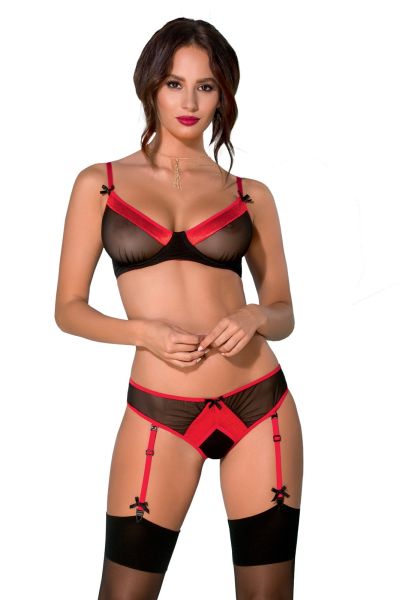 Avanua Cyra Dessous-Set 2-teilig – BH mit Bügel, Slip & Strapshaltern, schwarz-rot