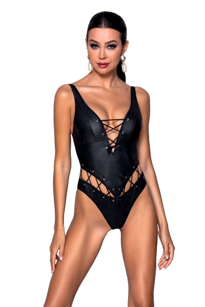 Schwarzer Stringbody aus Leder-Optik mit verstellbaren Trägern – Passion-Exklusiv