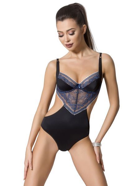 Eleganter Body in Schwarz mit blauer Spitze & Bügelcups, Passion-Exklusiv