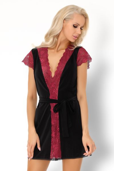 LivCo Corsetti Morgenmantel Kumiko in Schwarz-Lila mit Blütenspitze