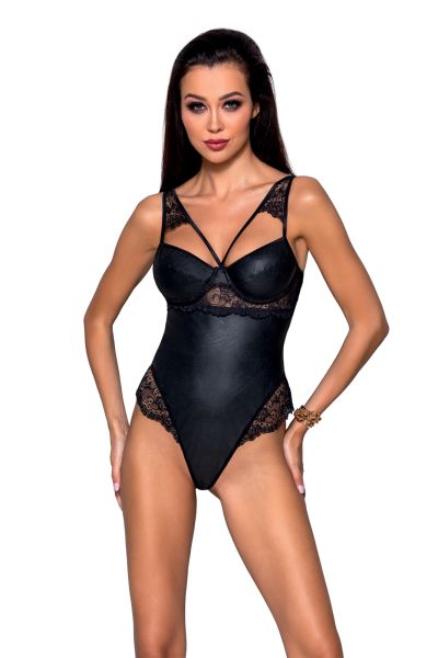Stringbody aus Blütenspitze und Lederoptik in Schwarz von Passion-Exklusiv