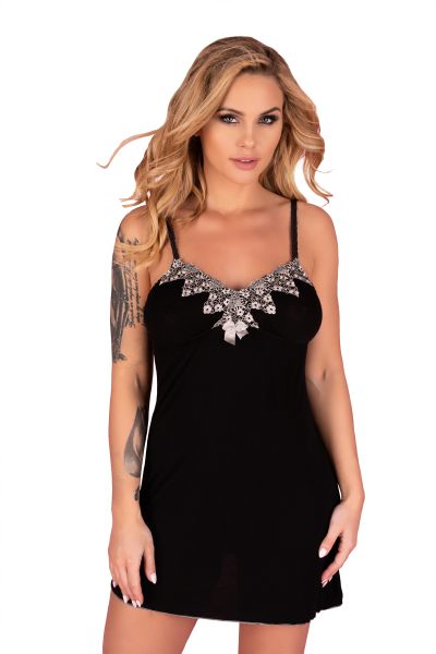 LivCo Corsetti Chemise Maditix in Schwarz mit goldener Spitze & String