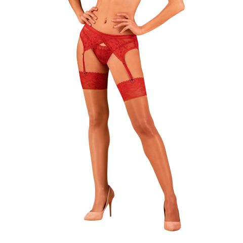 Obsessive Strapsstrümpfe in Nude mit rotem Spitzenrand, 15 DEN, ohne Silikon