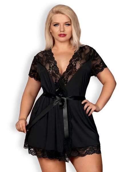 Eleganter Morgenmantel in Schwarz mit Spitze & Satinband – XXL (Obsessive Size Plus)