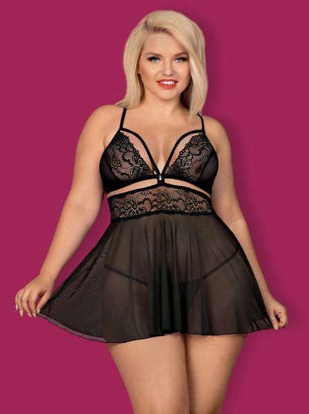 Obsessive Size Plus Babydoll XXL – Schwarzes Mesh mit Spitze & Tanga