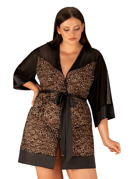 Eleganter Morgenmantel Plus Size Schwarz-Leo aus Satin & Spitze – Obsessive