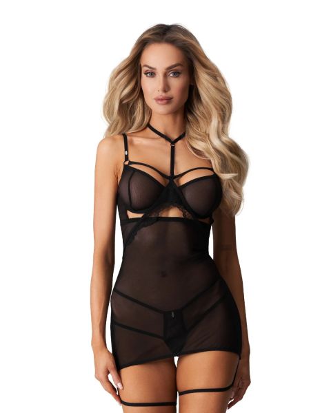 Obsessive Arrowel Black – Chemise mit Choker und Bügel-Cups in Schwarz