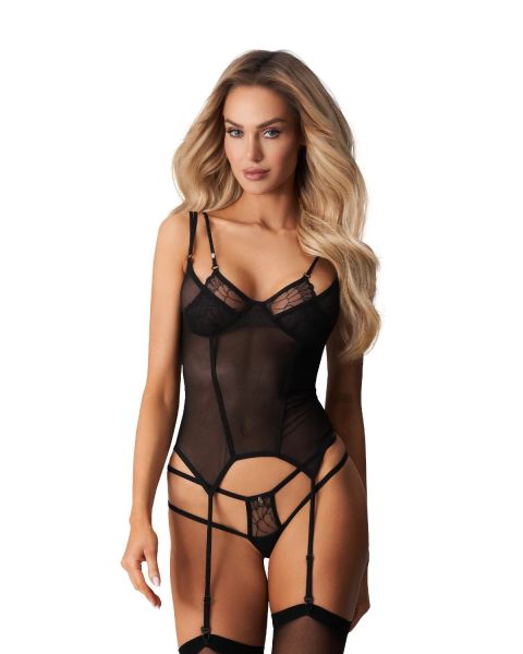 Obsessive Arrowel Black – Transparente Corsage mit Strapshaltern in Schwarz