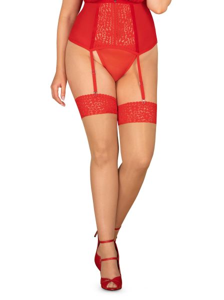 Elegante Strapsstrümpfe in Rot mit Spitze für Curvy Damen – Obsessive