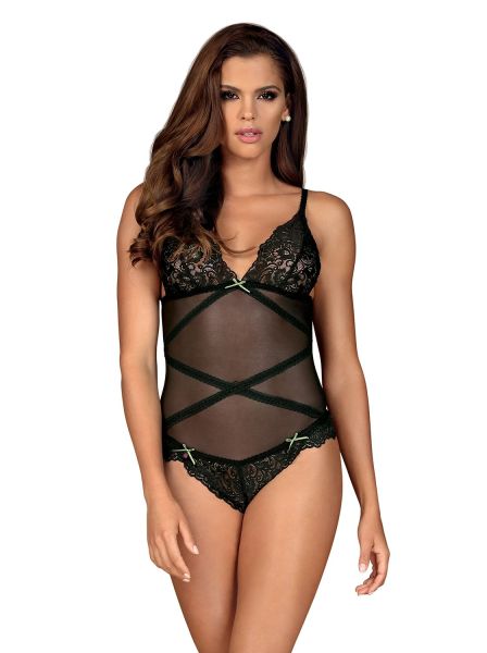 Eleganter Body aus Tüll und Spitze in Schwarz mit grünen Akzenten – Obsessive