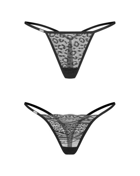 Obsessive Clara – String im 2er-Pack mit Spitze und Animal-Print in Schwarz