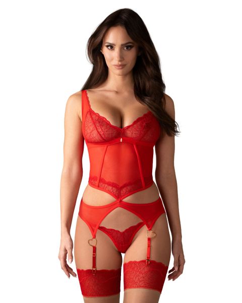Obsessive Cupide Desir – Mesh-Corsage mit Strapsen und String in Rot