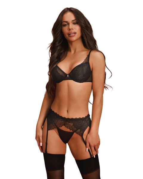Obsessive Deina More – 3-teiliges Dessous-Set mit Strapsgürtel in Schwarz