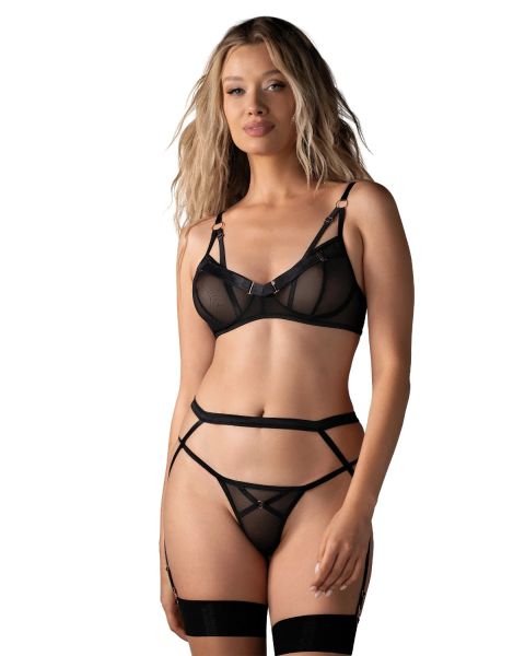 Obsessive Euridia – 3-teiliges Dessous-Set mit Strapsgürtel in Schwarz