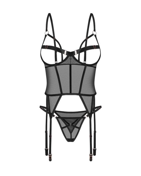 Obsessive Euridia – Mesh-Corsage mit offenen Cups & String in Schwarz