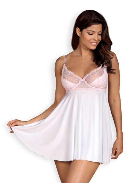 Obsessive Babydoll Girly – Weiß mit rosa Spitze und Tanga, gepolsterte Cups