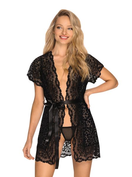 Obsessive Morgenmantel Giully – Eleganter Damen Kimono mit Leopardenmuster, Schwarz