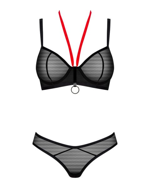 Obsessive Glandez – Transparentes Dessous-Set mit rotem Neckholder in Schwarz