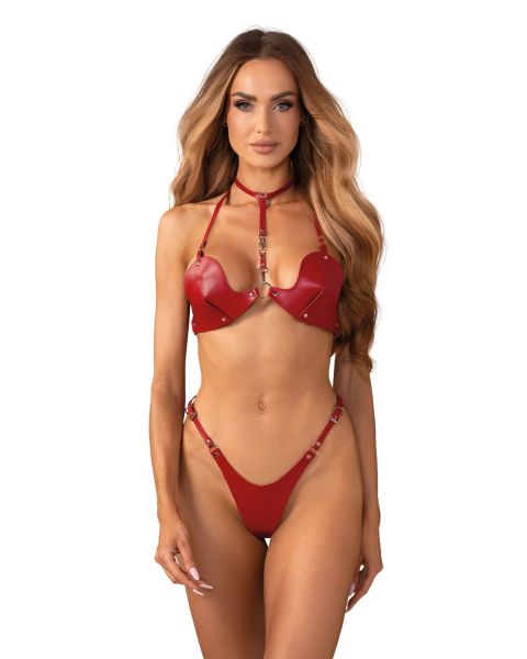 Obsessive Inferro – 2-teiliges Riemchen-Set mit BH, Choker und String in Rot