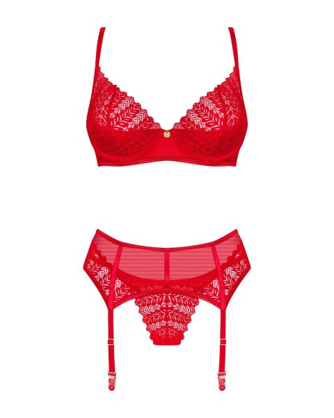 Obsessive Ingridia – 3-teiliges Dessous-Set mit Strapsgürtel in Rot