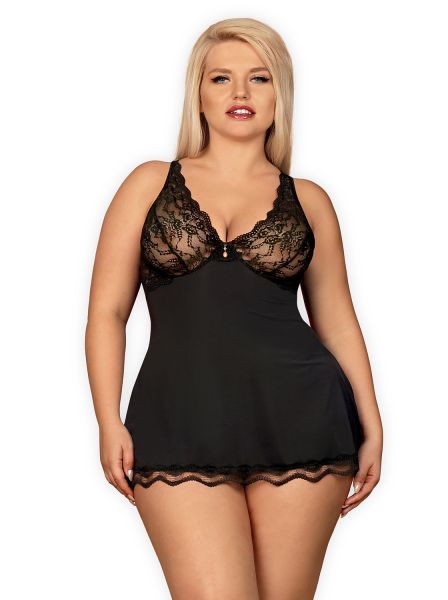 Schwarzes Babydoll mit Spitze & Tanga, Plus Size – Obsessive
