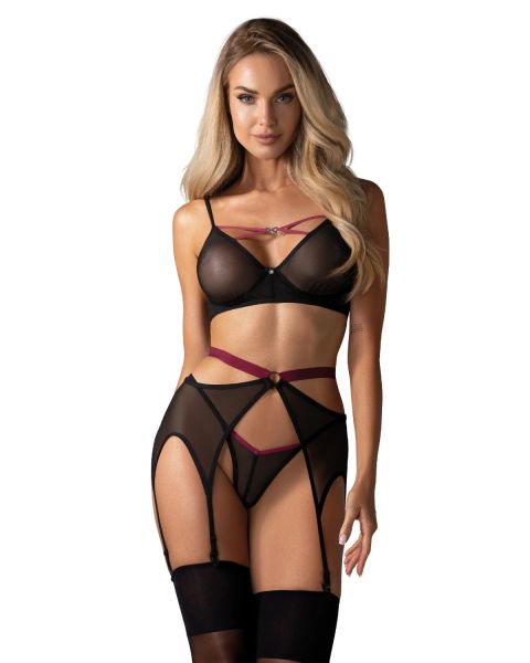 Obsessive Novenes – 3-teiliges Dessous-Set mit Strapsgürtel und lila Riemchen in Schwarz