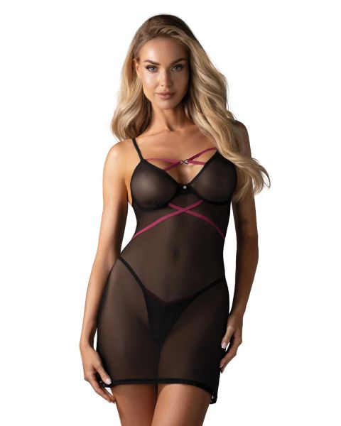 Obsessive Novenes – Transparente Chemise mit lila Riemchen und String in Schwarz