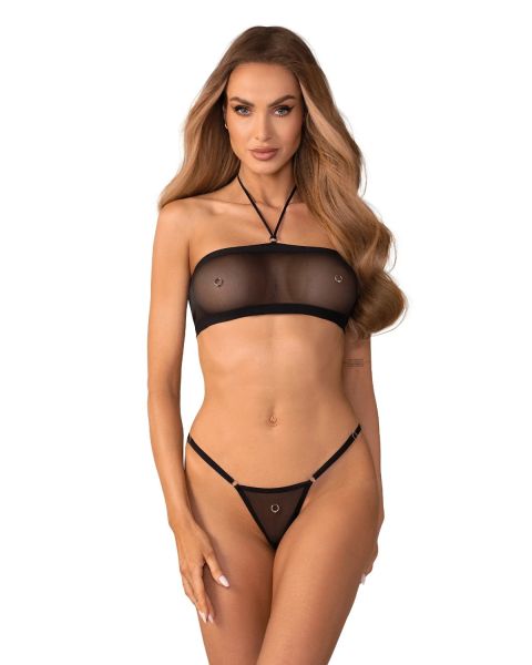 Obsessive Orinelle – 2-teiliges Mesh-Set mit Top, String und Silberringen in Schwarz