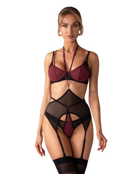 Obsessive Parisel – 3-teiliges Dessous-Set mit Strapsgürtel in Schwarz-Bordeaux