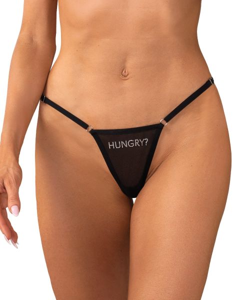 Obsessive Violami Hungry – Transparenter Mesh-String mit Strass-Schriftzug in Schwarz