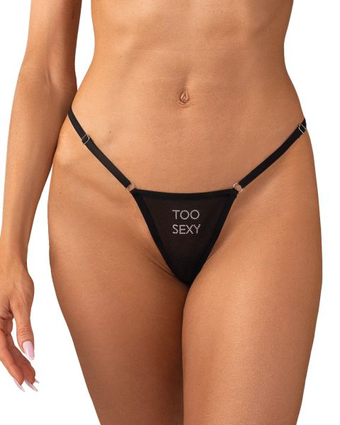 Obsessive Violami Sexy – Mesh-String mit Strass-Schriftzug „Too Sexy“ in Schwarz