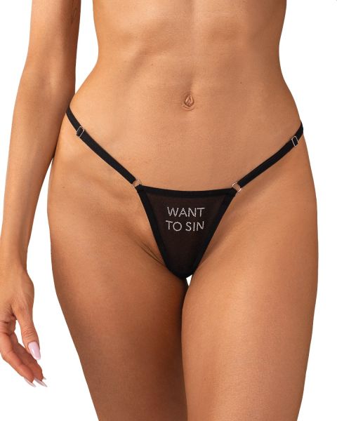 Obsessive Violami Sin – String mit Strass-Schriftzug „Want to Sin“ in Schwarz