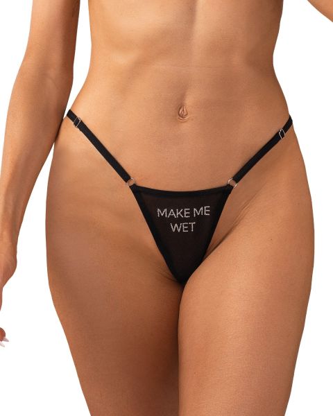Obsessive Violami Wet – Schwarzer String mit Strass-Botschaft und Mesh